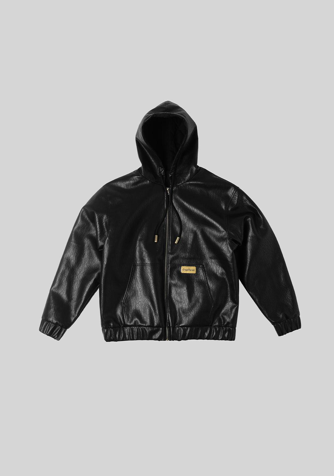 Hooded PU Leather Jacket-Black - Greenpanda