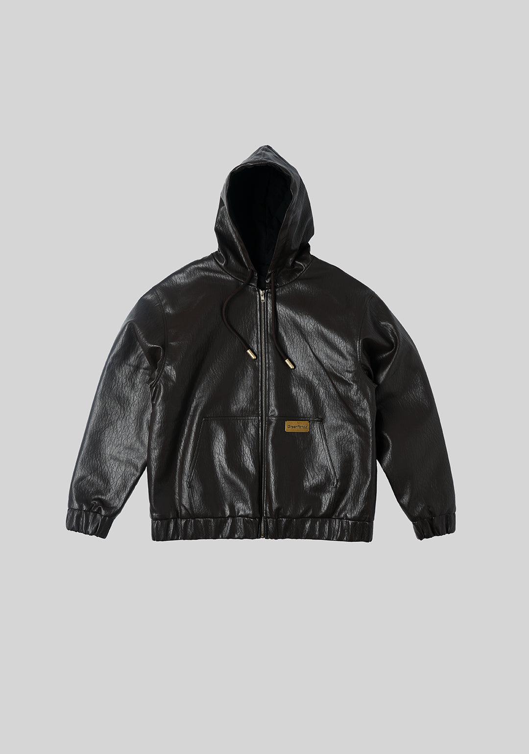 Hooded PU Leather Jacket-Brown - Greenpanda