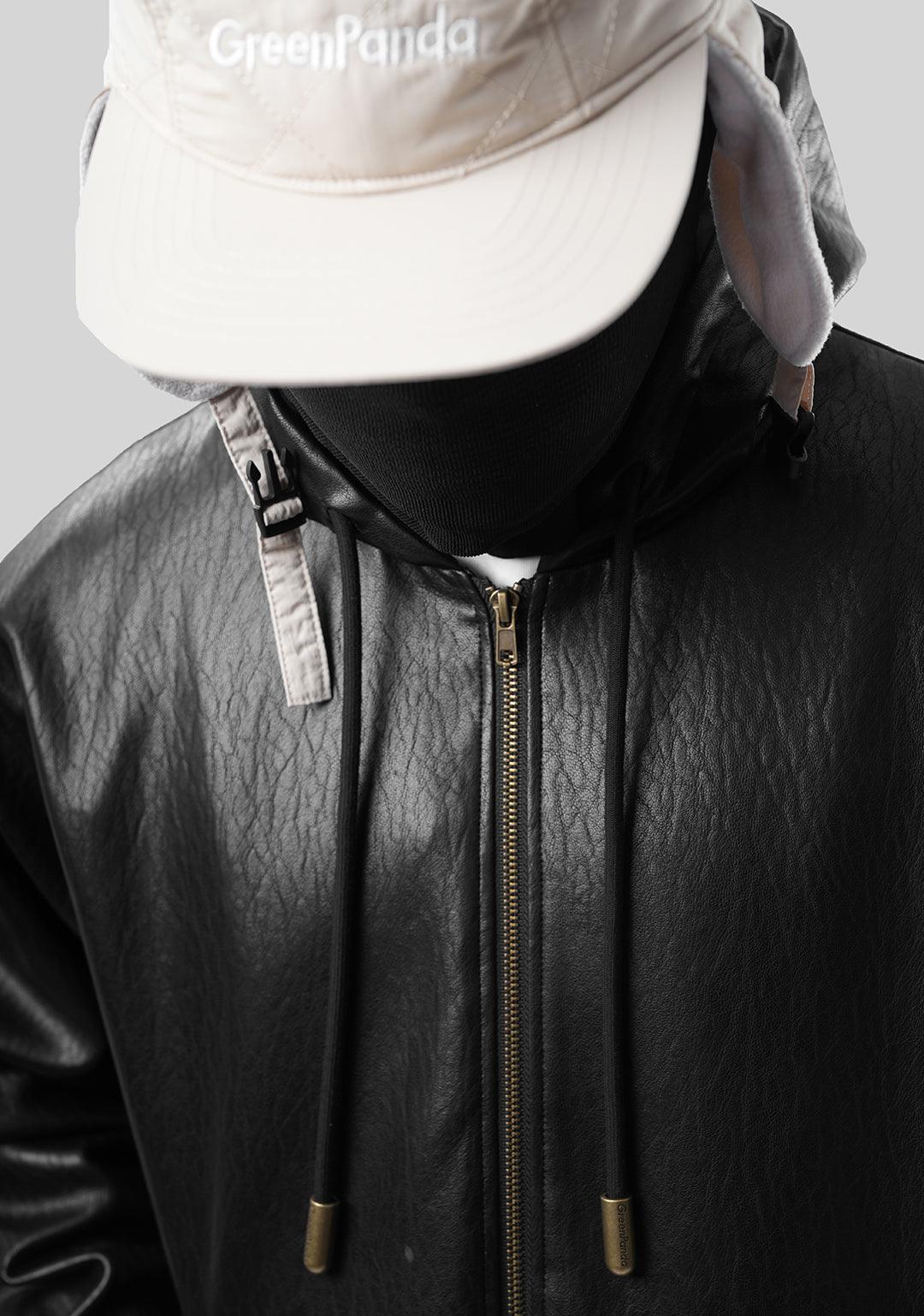 Hooded PU Leather Jacket-Black - Greenpanda