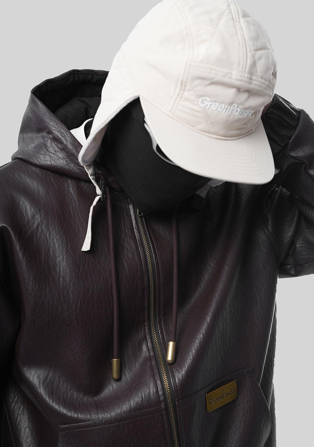Hooded PU Leather Jacket-Brown - Greenpanda