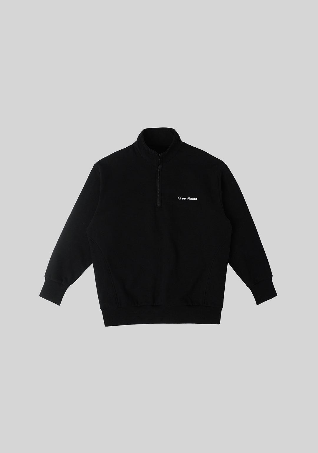 Half Zipper Sweat Top with Collar-Black - Greenpanda