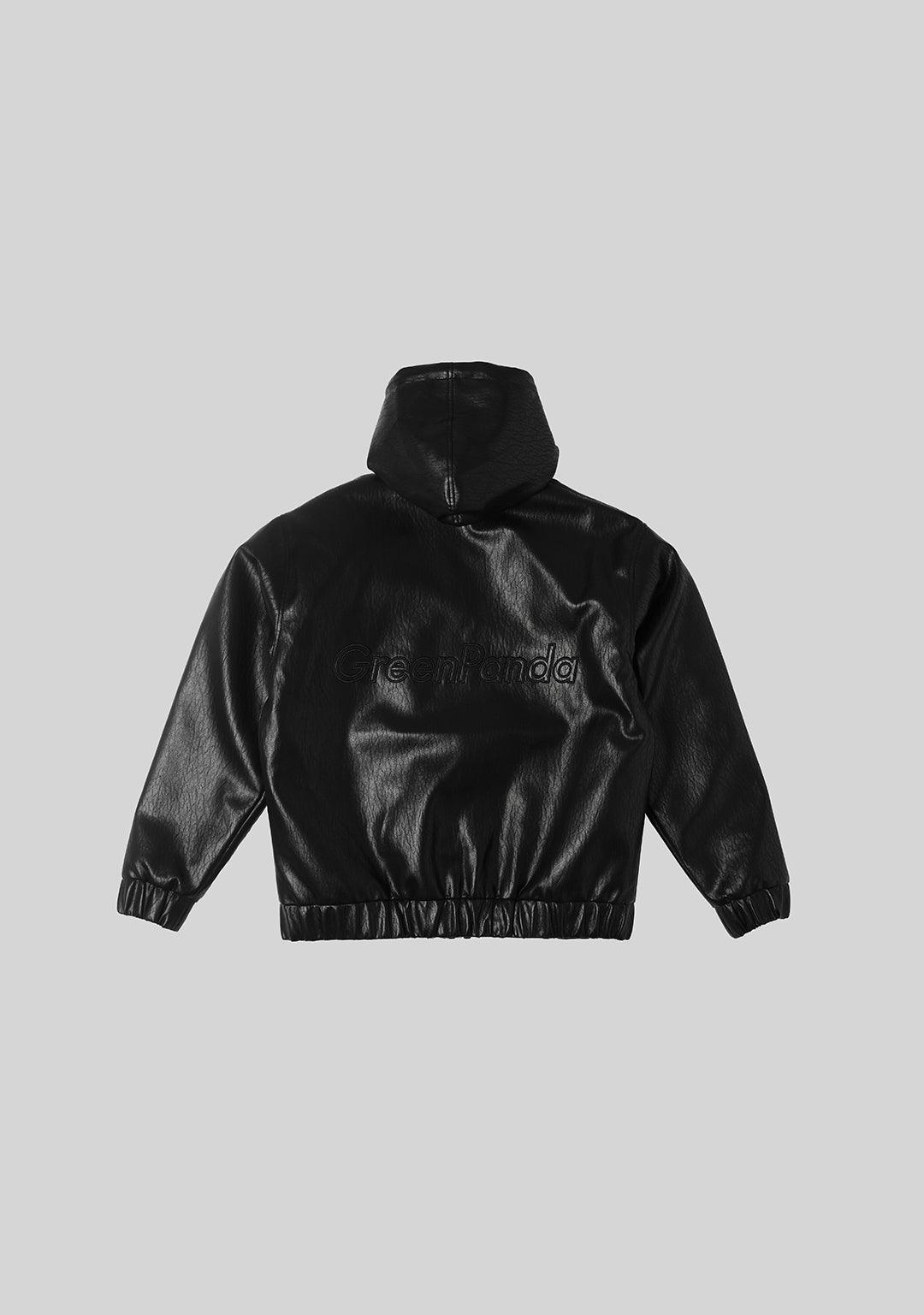 Hooded PU Leather Jacket-Black - Greenpanda