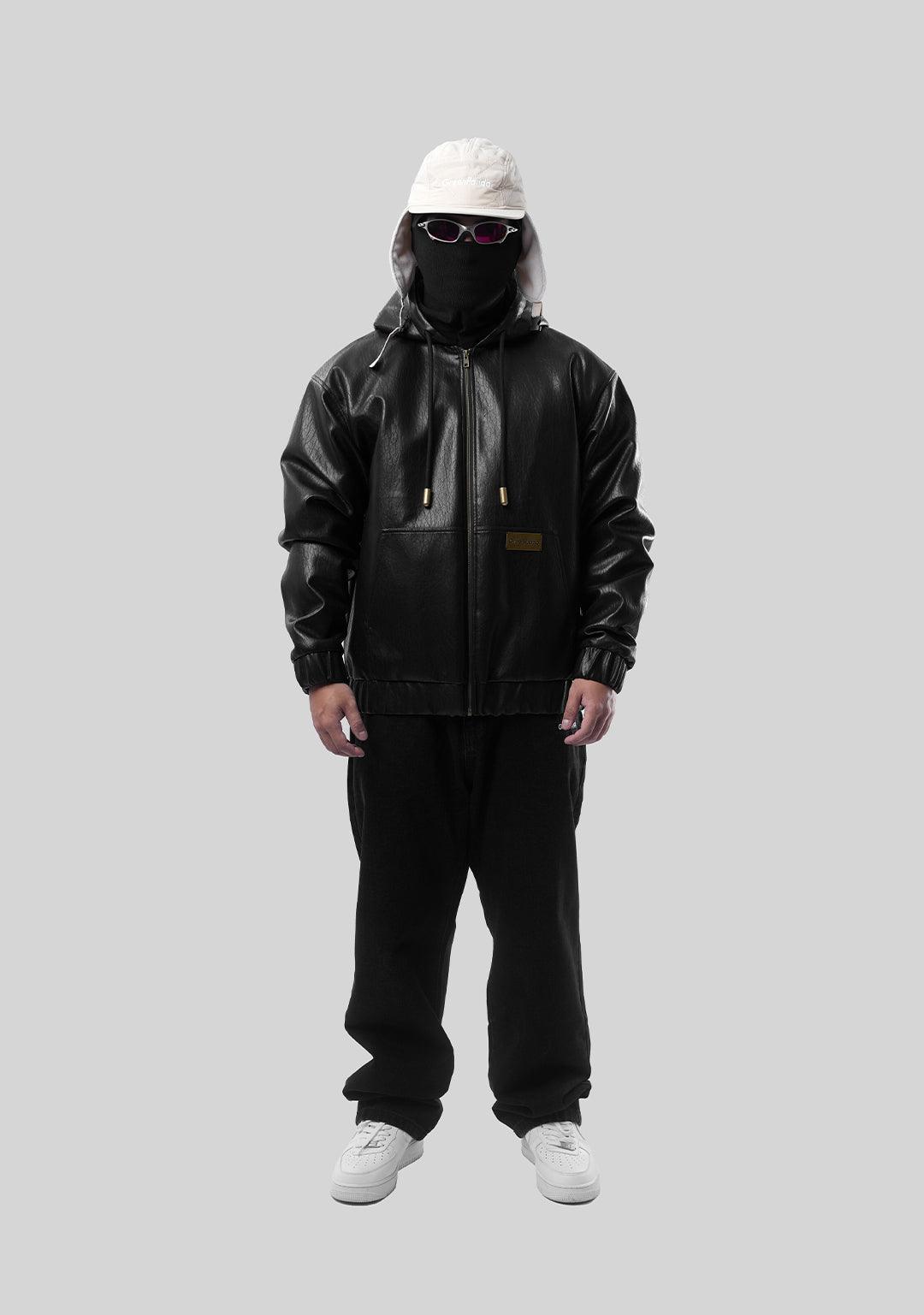 Hooded PU Leather Jacket-Black - Greenpanda