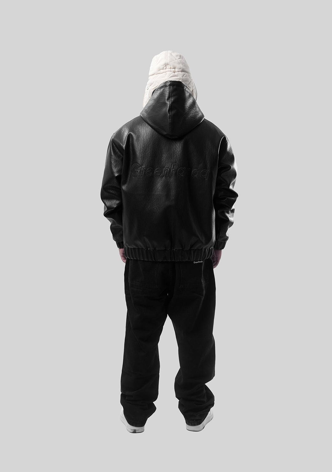 Hooded PU Leather Jacket-Black - Greenpanda