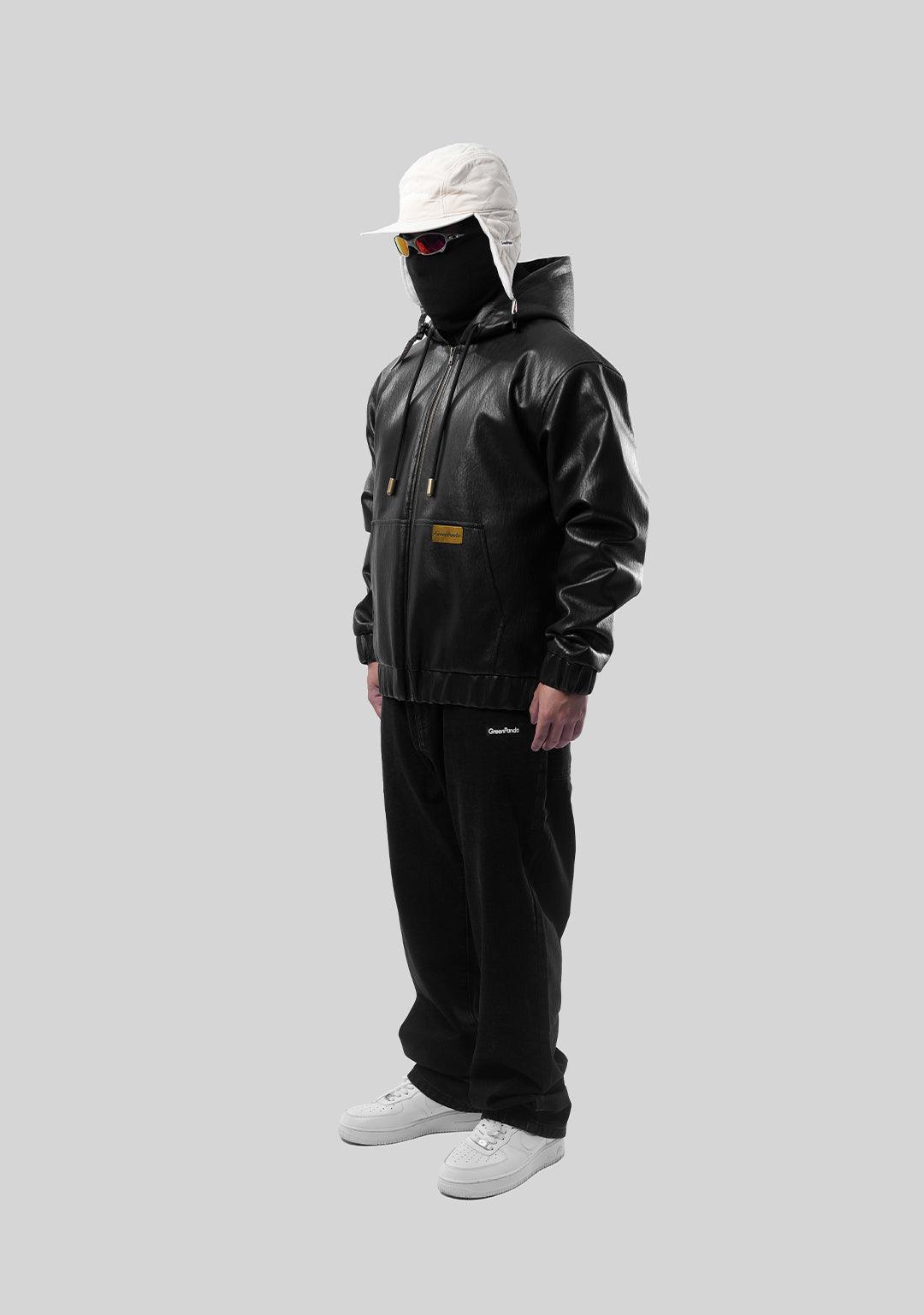 Hooded PU Leather Jacket-Black - Greenpanda