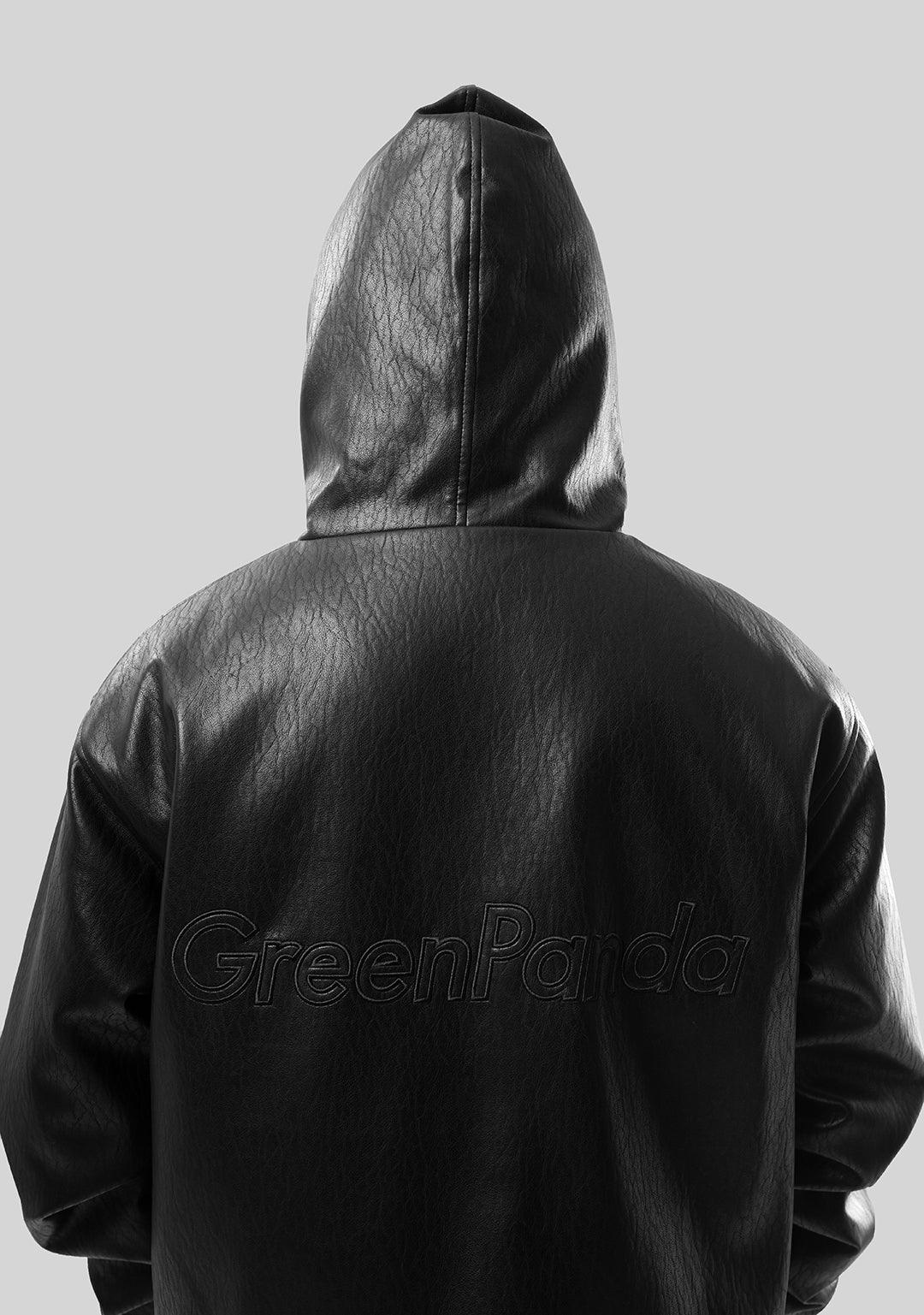 Hooded PU Leather Jacket-Black - Greenpanda