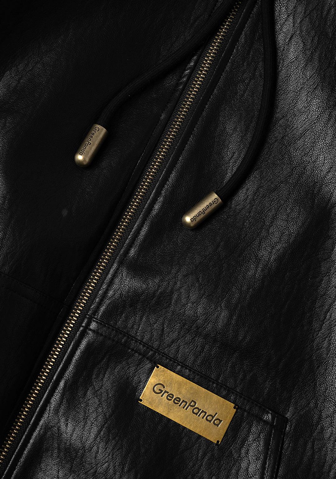 Hooded PU Leather Jacket-Black - Greenpanda