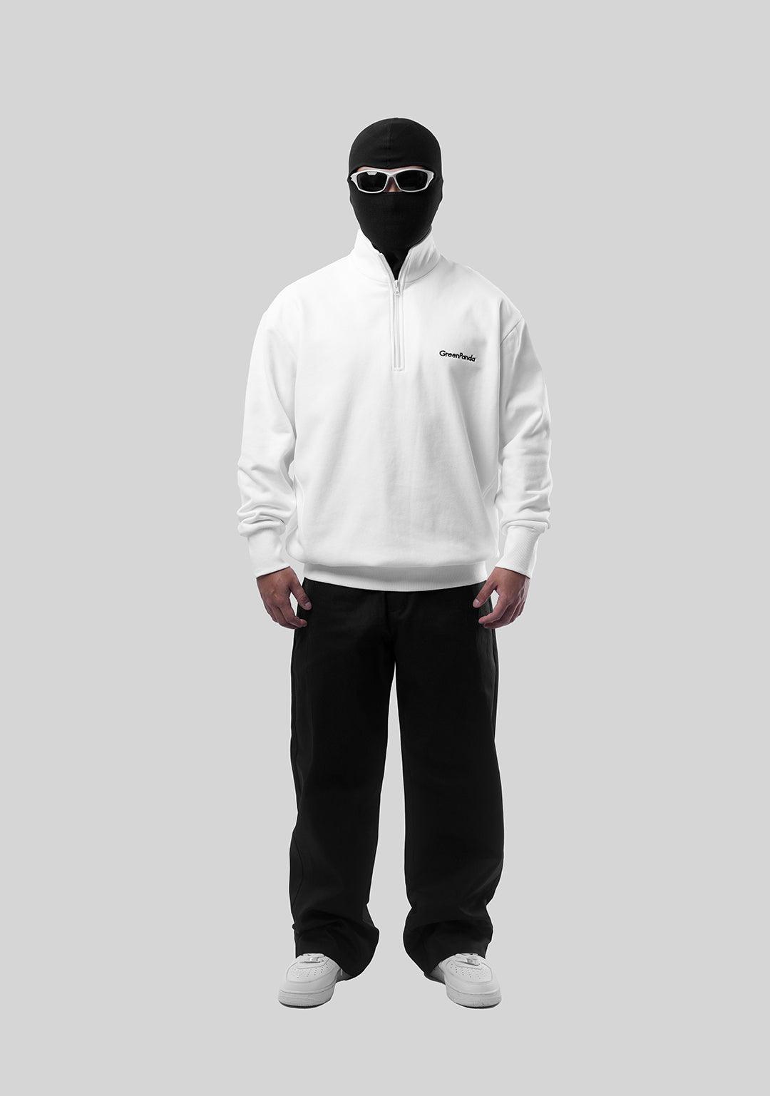 Half Zipper Sweat Top with Collar-White - Greenpanda