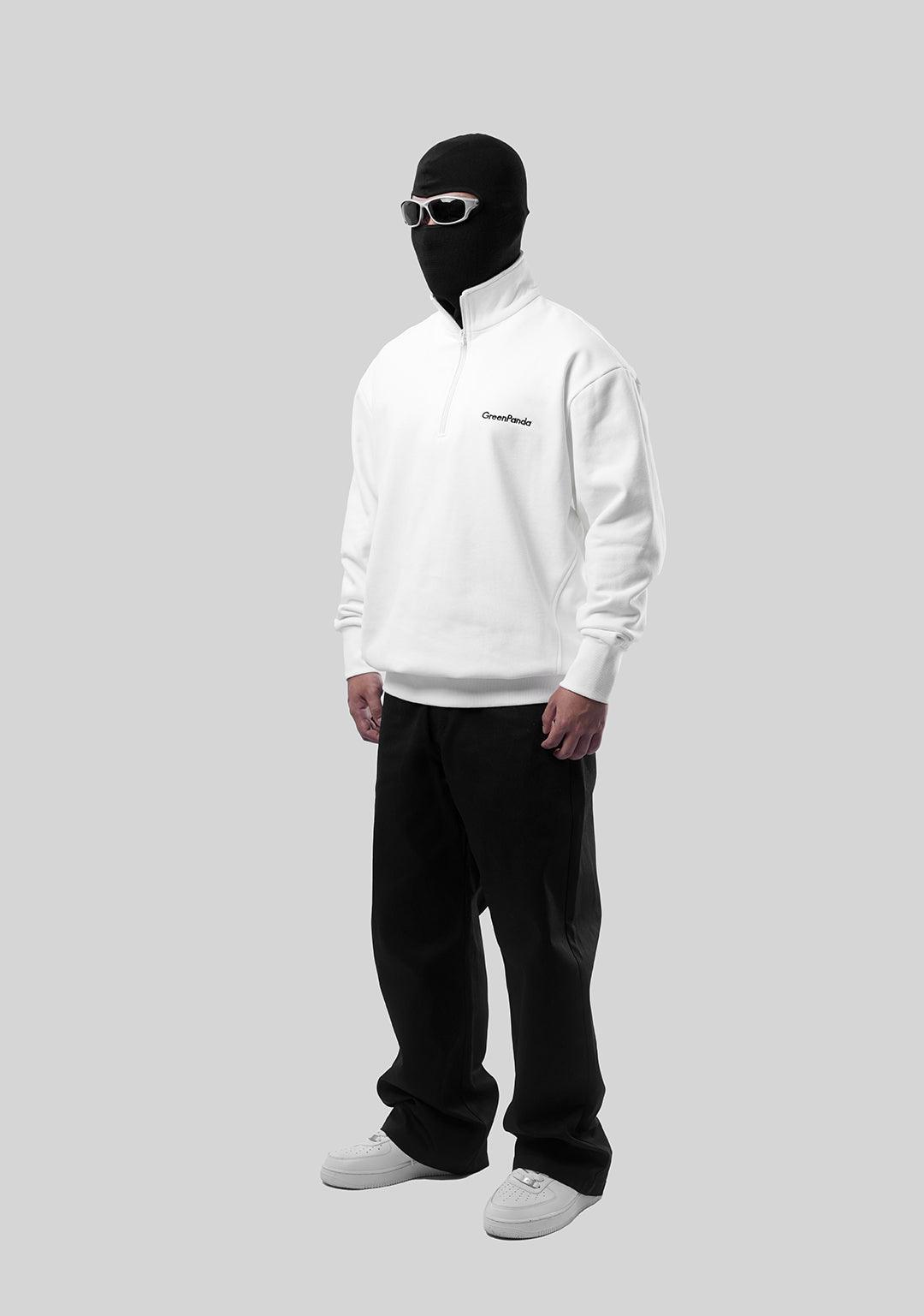 Half Zipper Sweat Top with Collar-White - Greenpanda