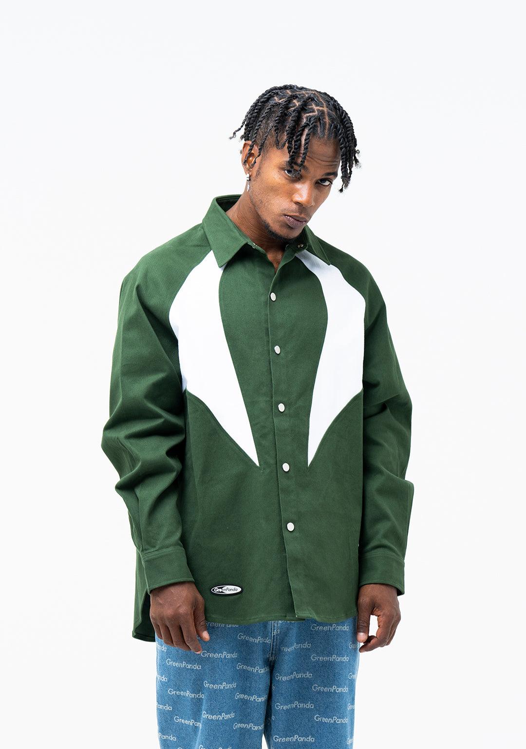 Raglan-sleeve Color Block Shirt - Greenpanda